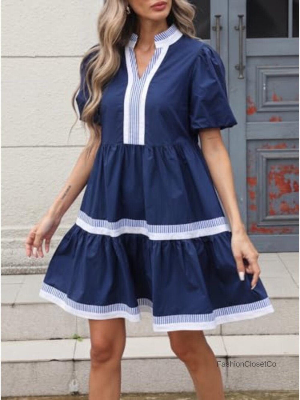 Puff Sleeve Babydoll Dress V Neck Striped Tiered Mini Dress - Picture 2 of 7